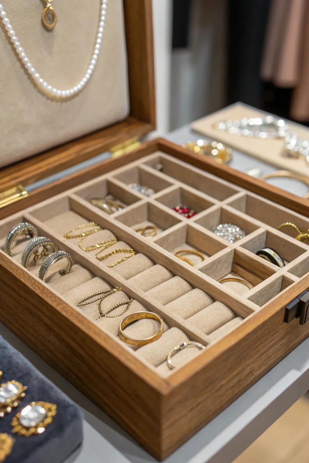 A drawer for jewelry that is tidy and organized