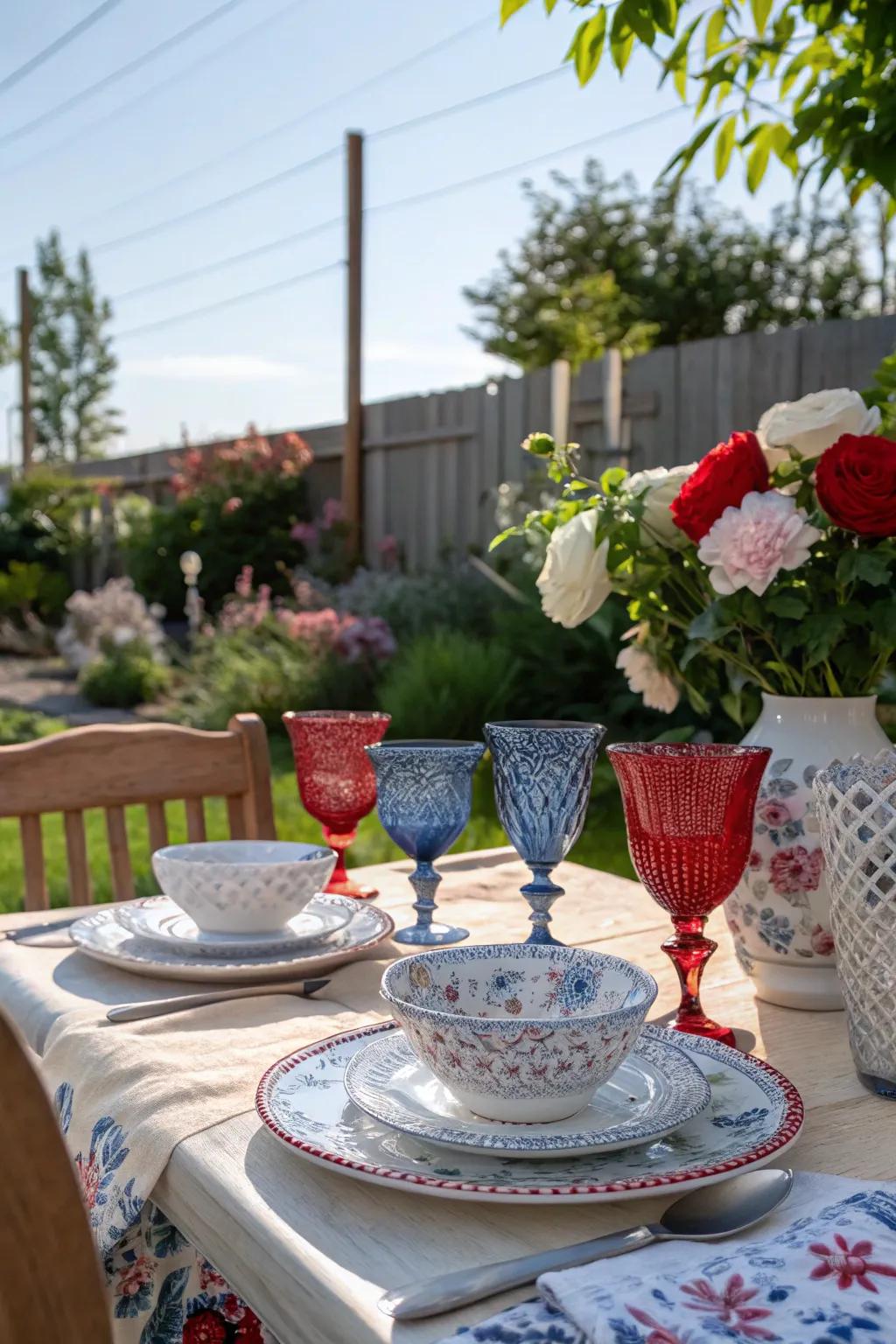 An exquisite table arrangement showcasing stemware in the national colors.