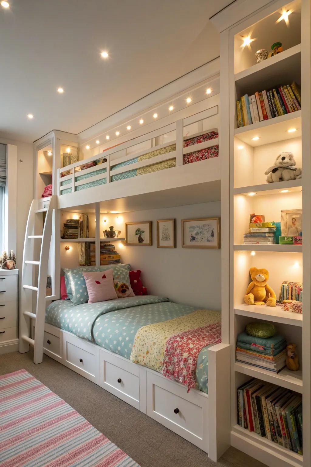 Tiered beds effectively employing space in combined kid's sanctuaries.