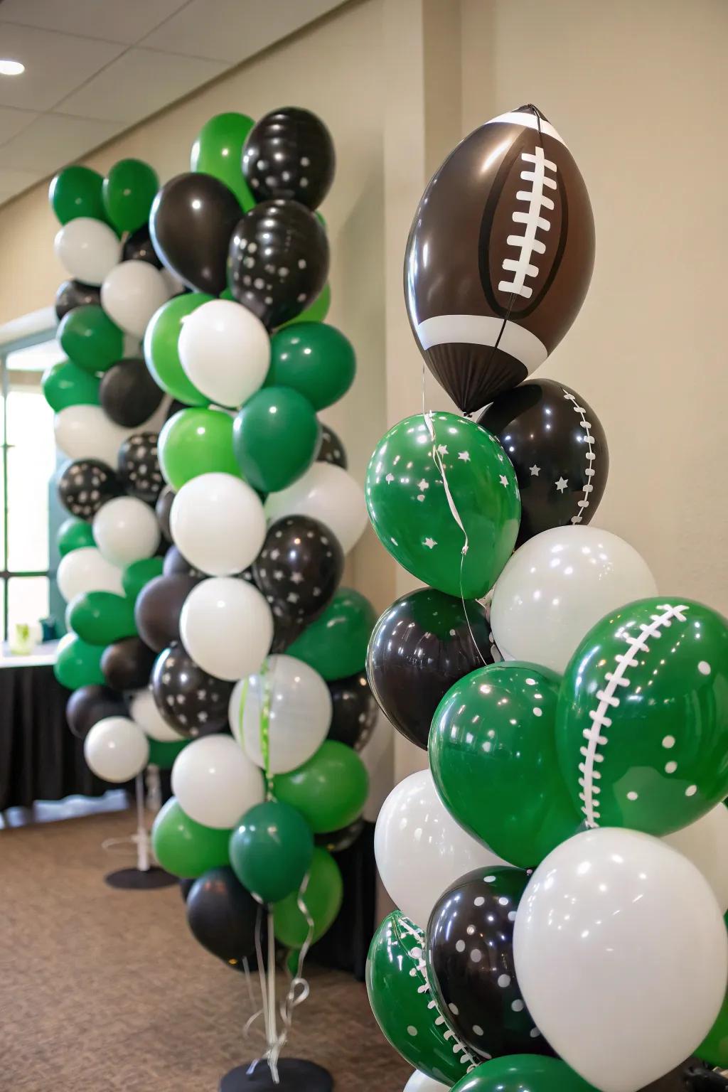 Football-themed inflatables fostering a festive surrounding.