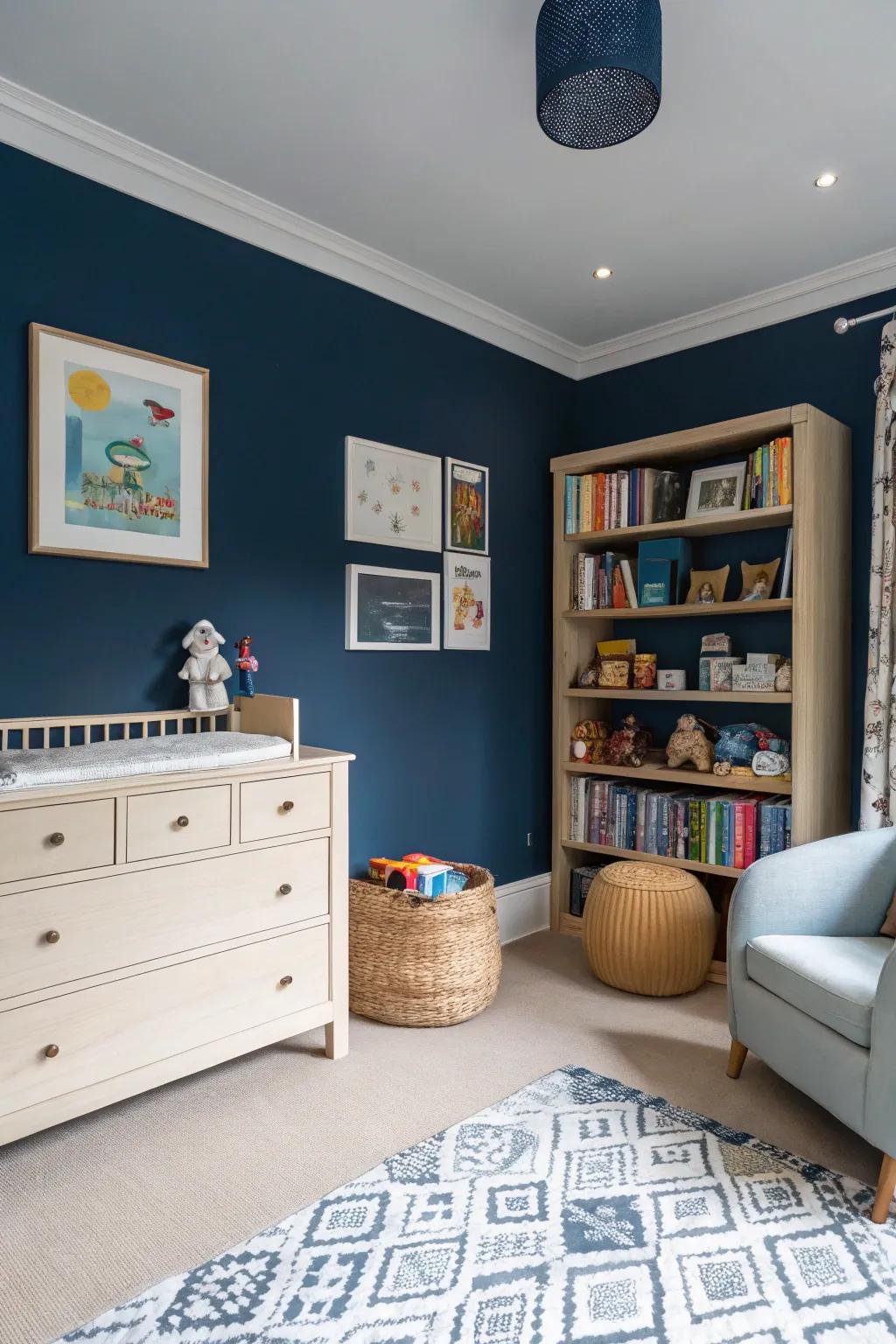 Deep blue walls paired with fair furniture create a timeless contrast.