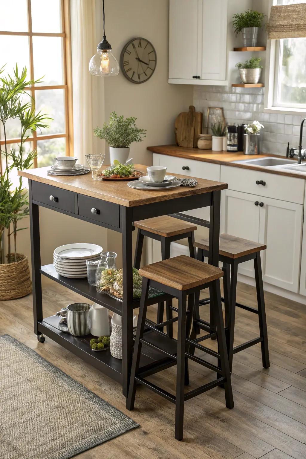 Dual-purpose furniture maximizes functionality in small kitchens.
