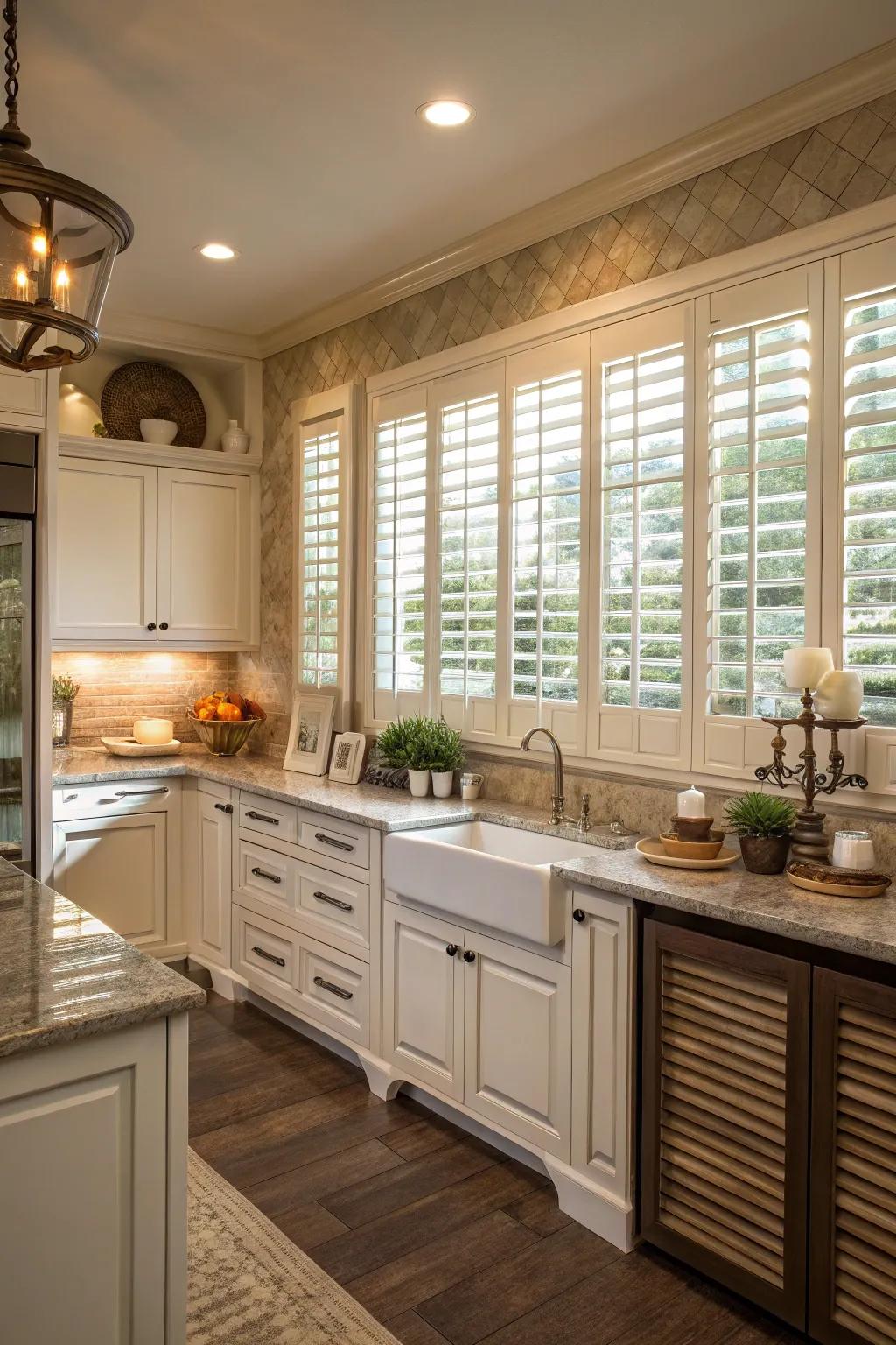 Chic plantation shutters in a cozy kitchen