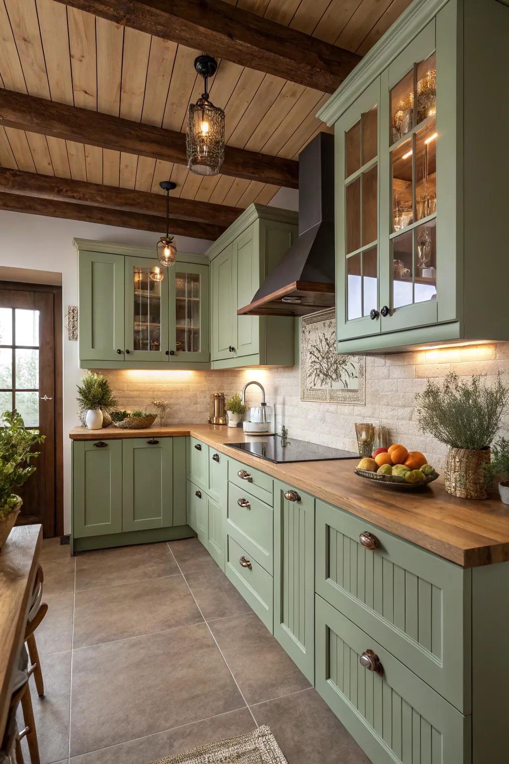 Sage green tones contribute a natural and peaceful aura to the kitchen.