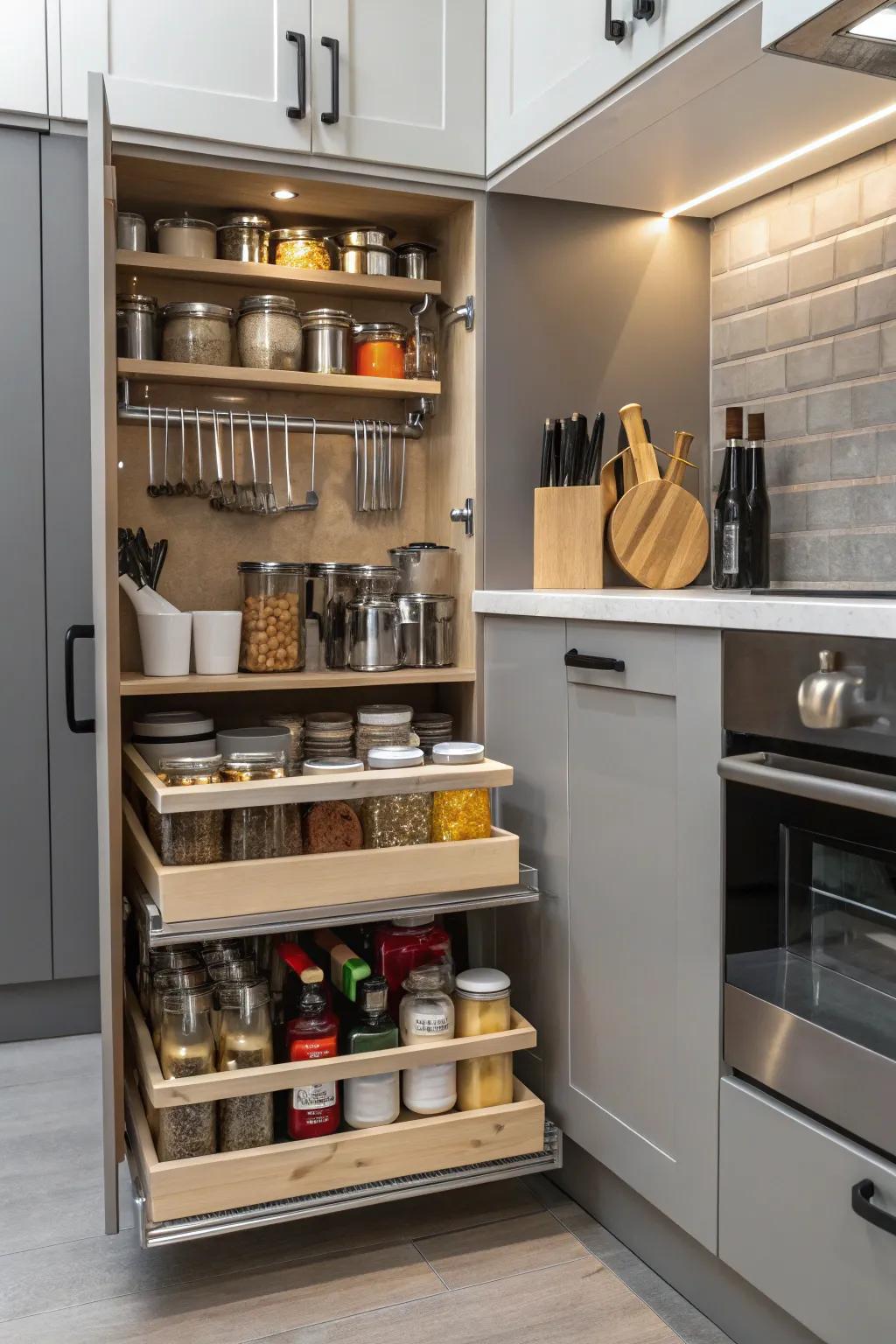 Pull-out shelving ensures effortless access to the contents of corner cabinets.