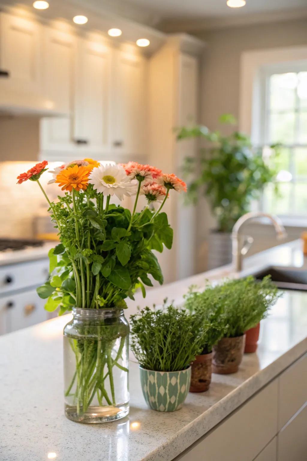 Greenery and floral elements enlivening the kitchen.