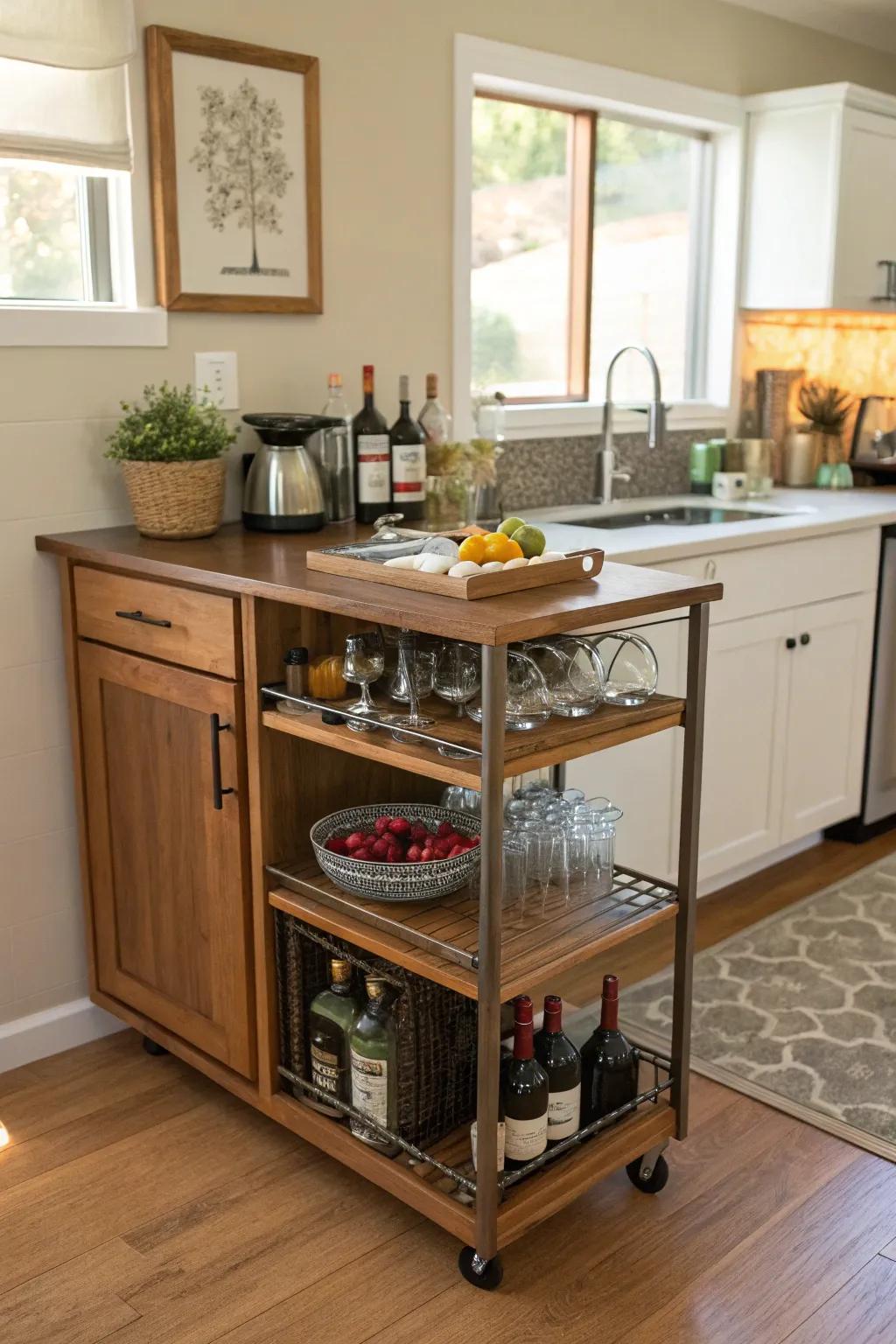 A multi-functional sideboard acts as a practical drinks trolley in a smaller kitchen.