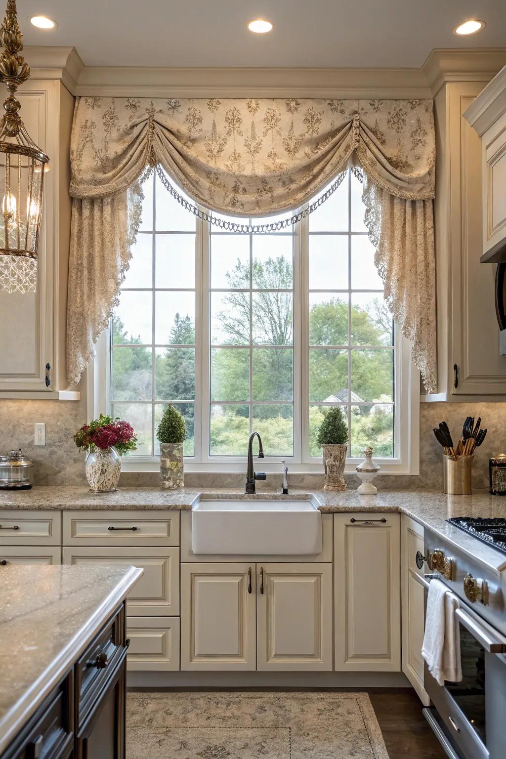 Valance window coverings present a polished nuance to any kitchen setting.