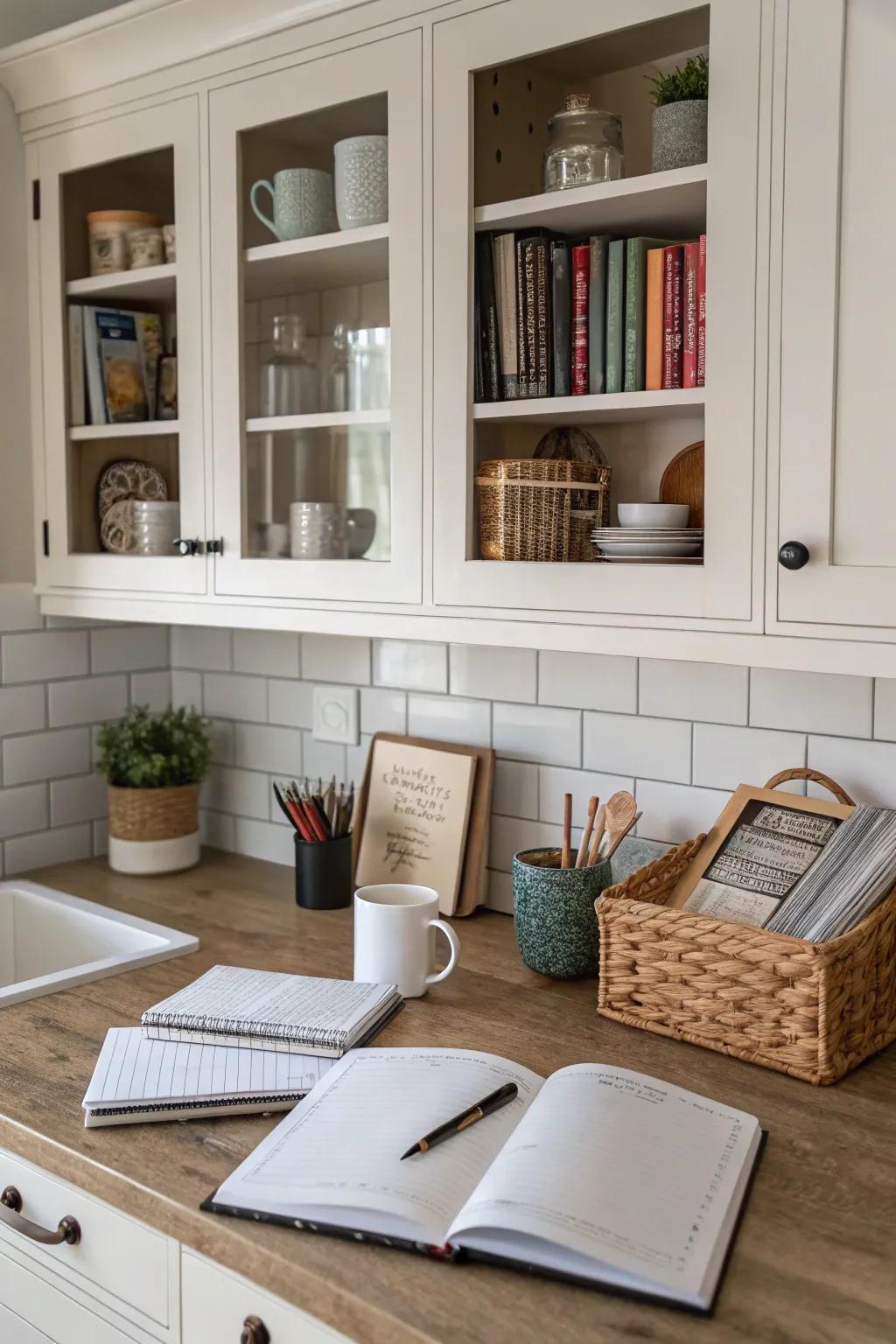A kitchen desk showcasing intelligent storage solutions featuring open shelves and organized cabinets.