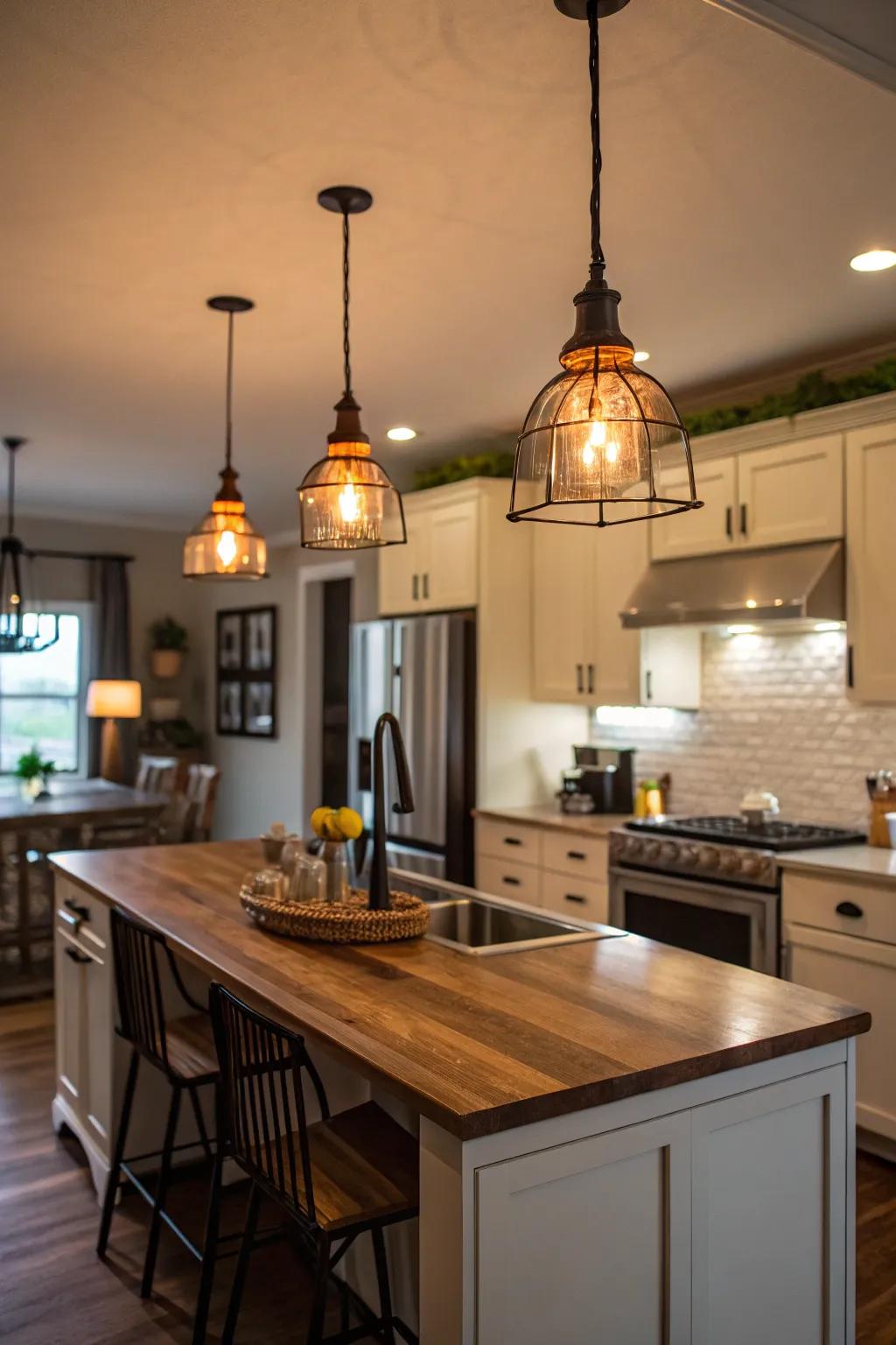 Pendant lights amplify the atmosphere around the kitchen island.