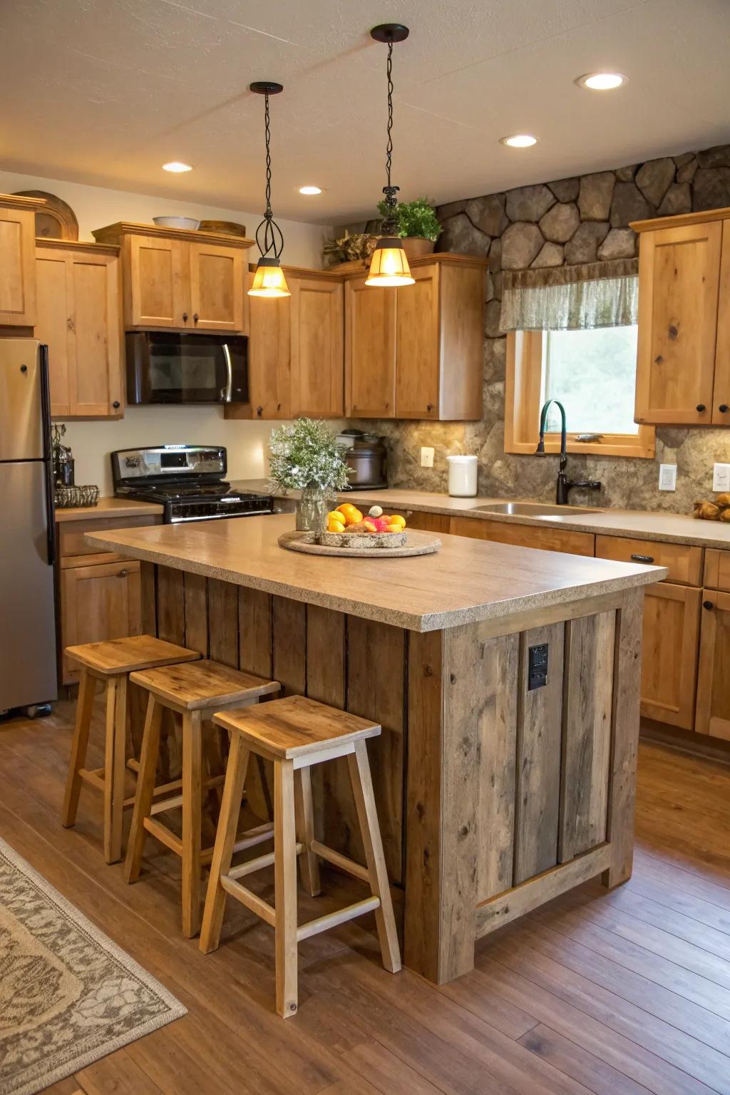 A rustic kitchen island showcasing a charming natural timber finish.