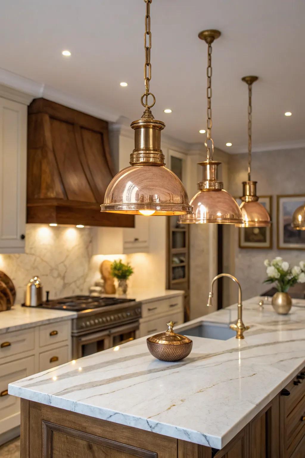 Brass and copper fixtures infuse an element of extravagance into this stylish culinary space.