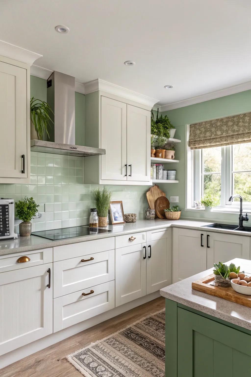 Misty emerald walls enhance a natural and calming kitchen environment.