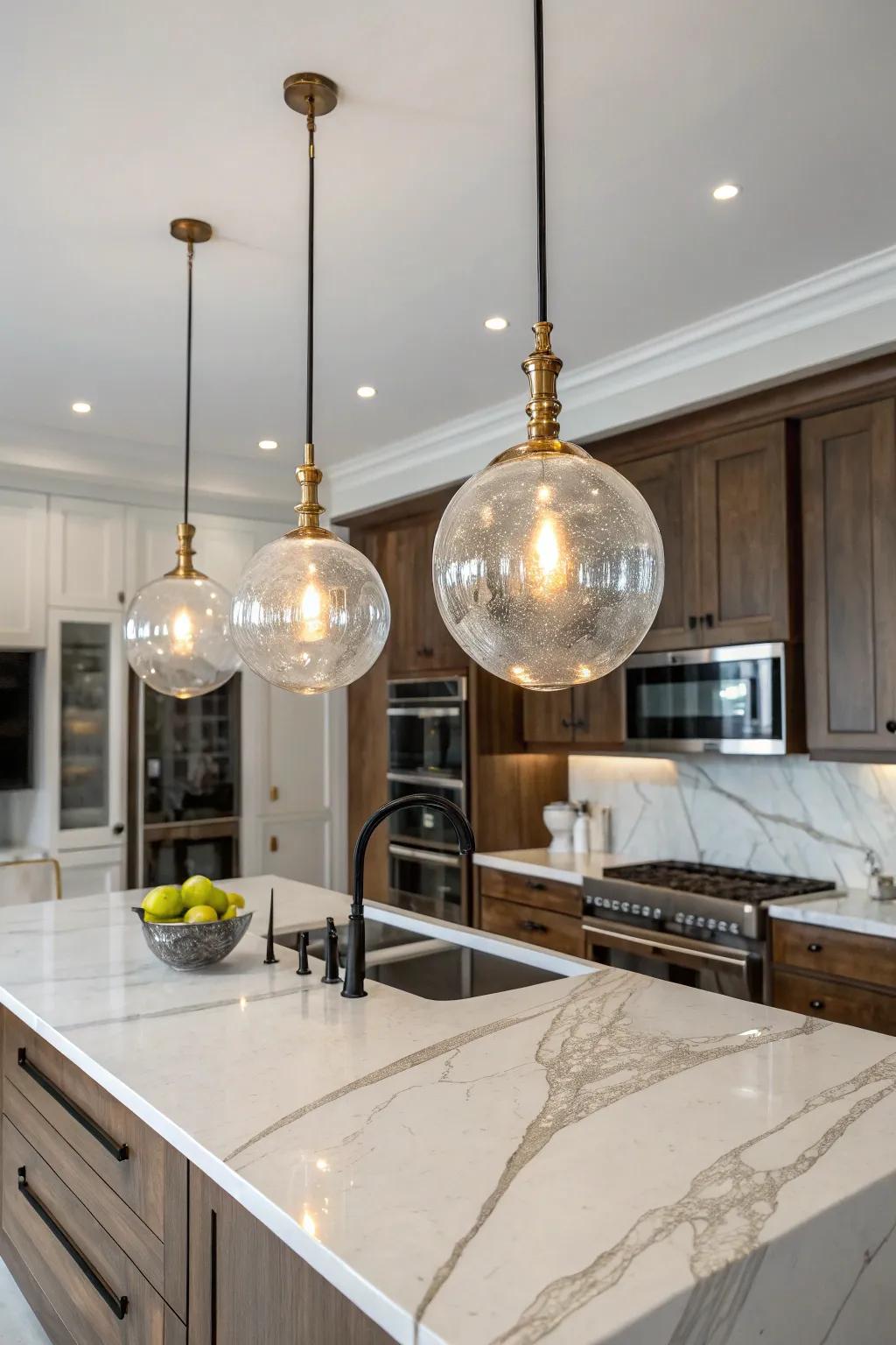 Glass pendants establish a captivating centerpiece.