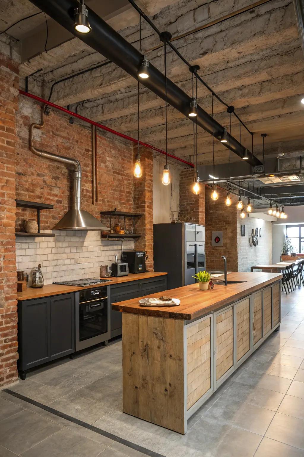 Imbue your cooking area with industrial charm through the use of vintage lighting.