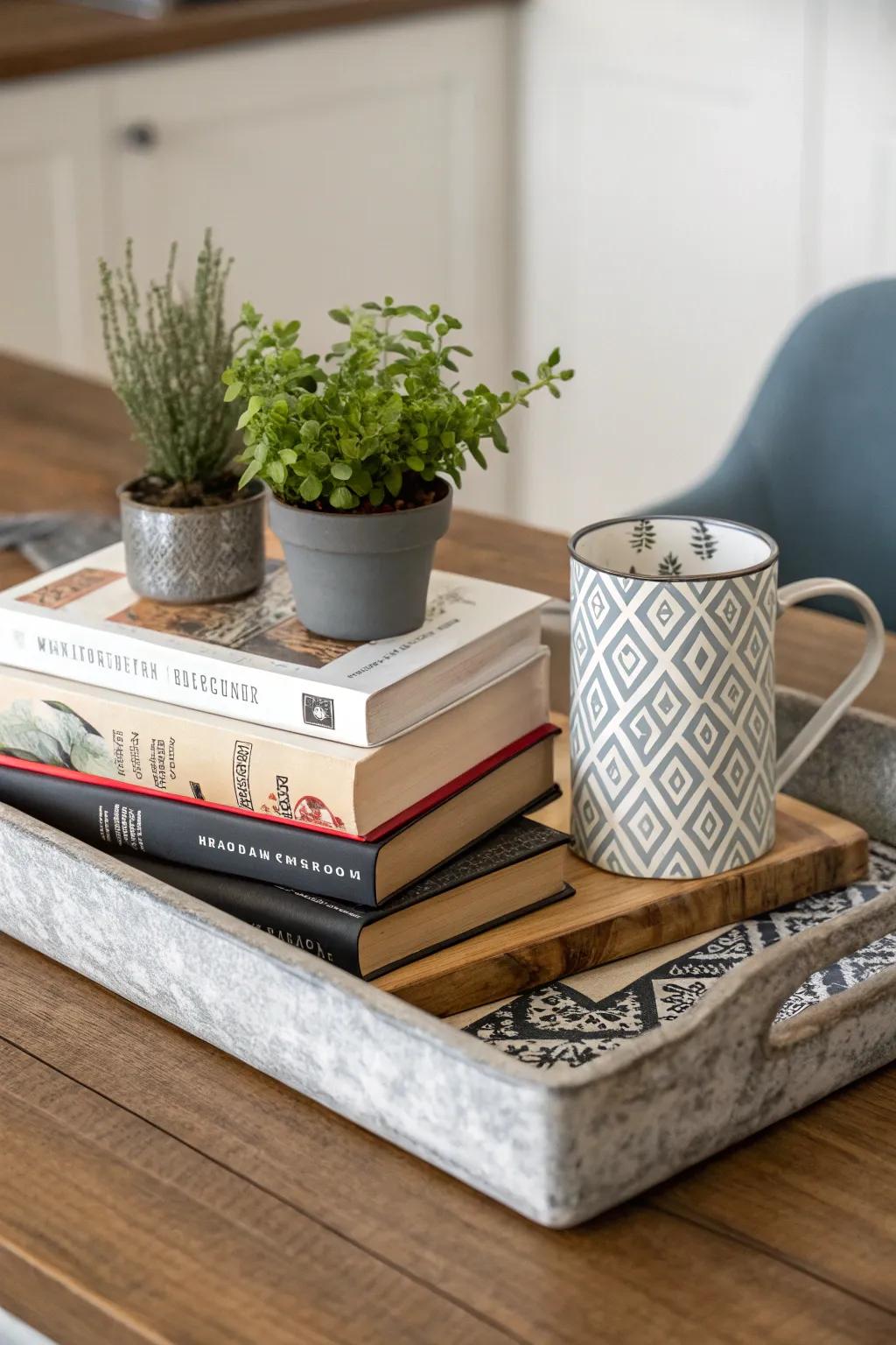 Cookbooks systematically arranged on a tray embody both a culinary fervor and an inherent stylistic inclination.