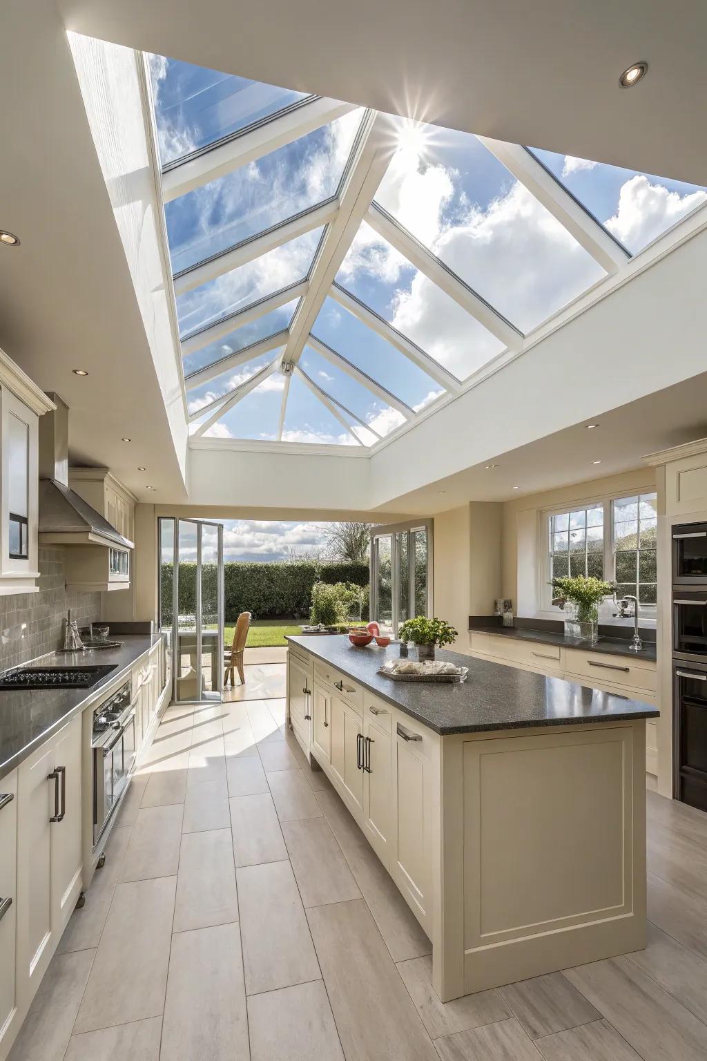 With its elevated ceiling and expansive skylights, this kitchen exudes an open and spacious atmosphere.