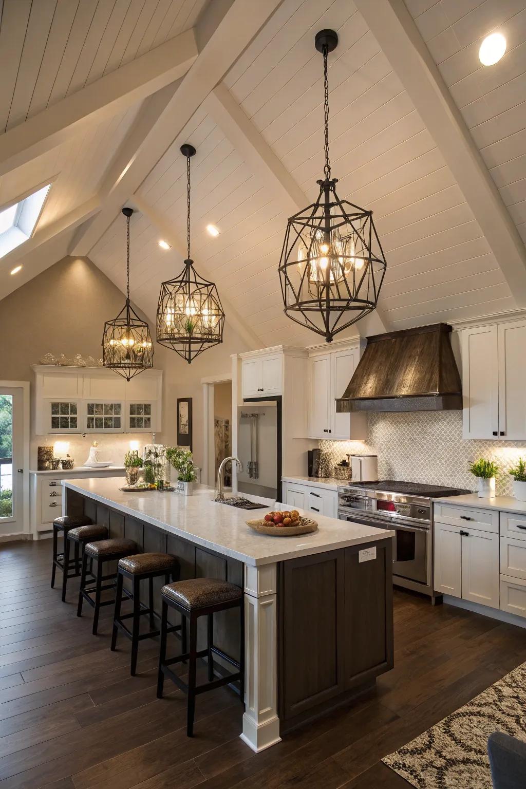 Refined pendant lights establish an elegant focal point in this contemporary kitchen featuring a vaulted ceiling.