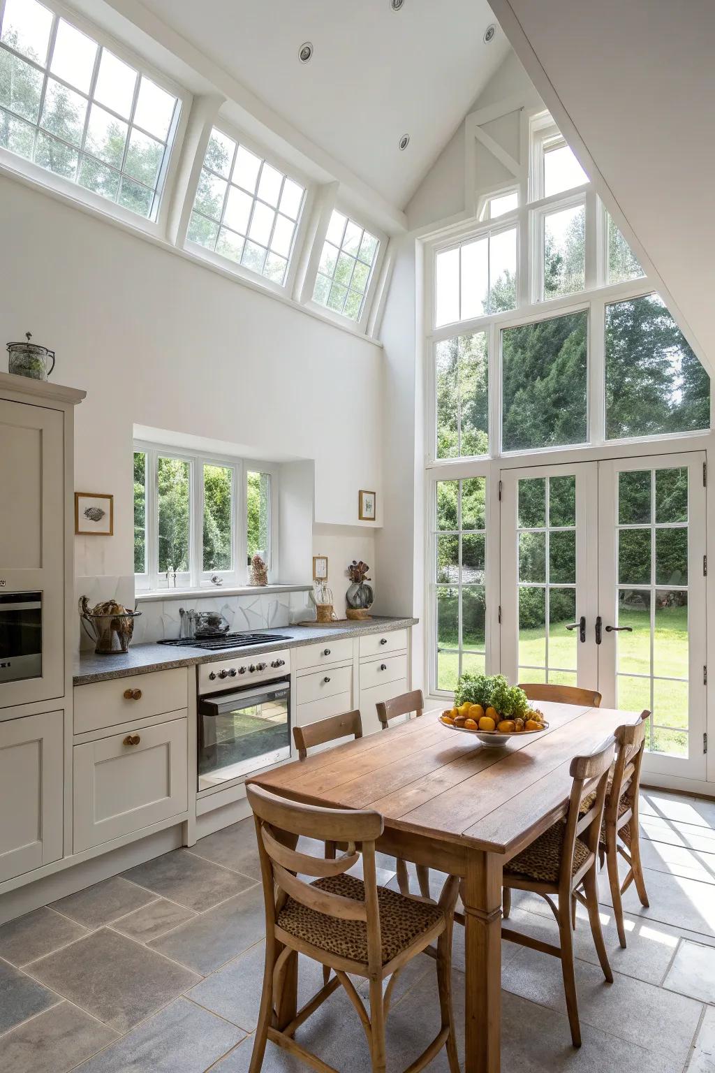 Sunlight streams into this kitchen featuring a high ceiling, creating a light and airy feeling.