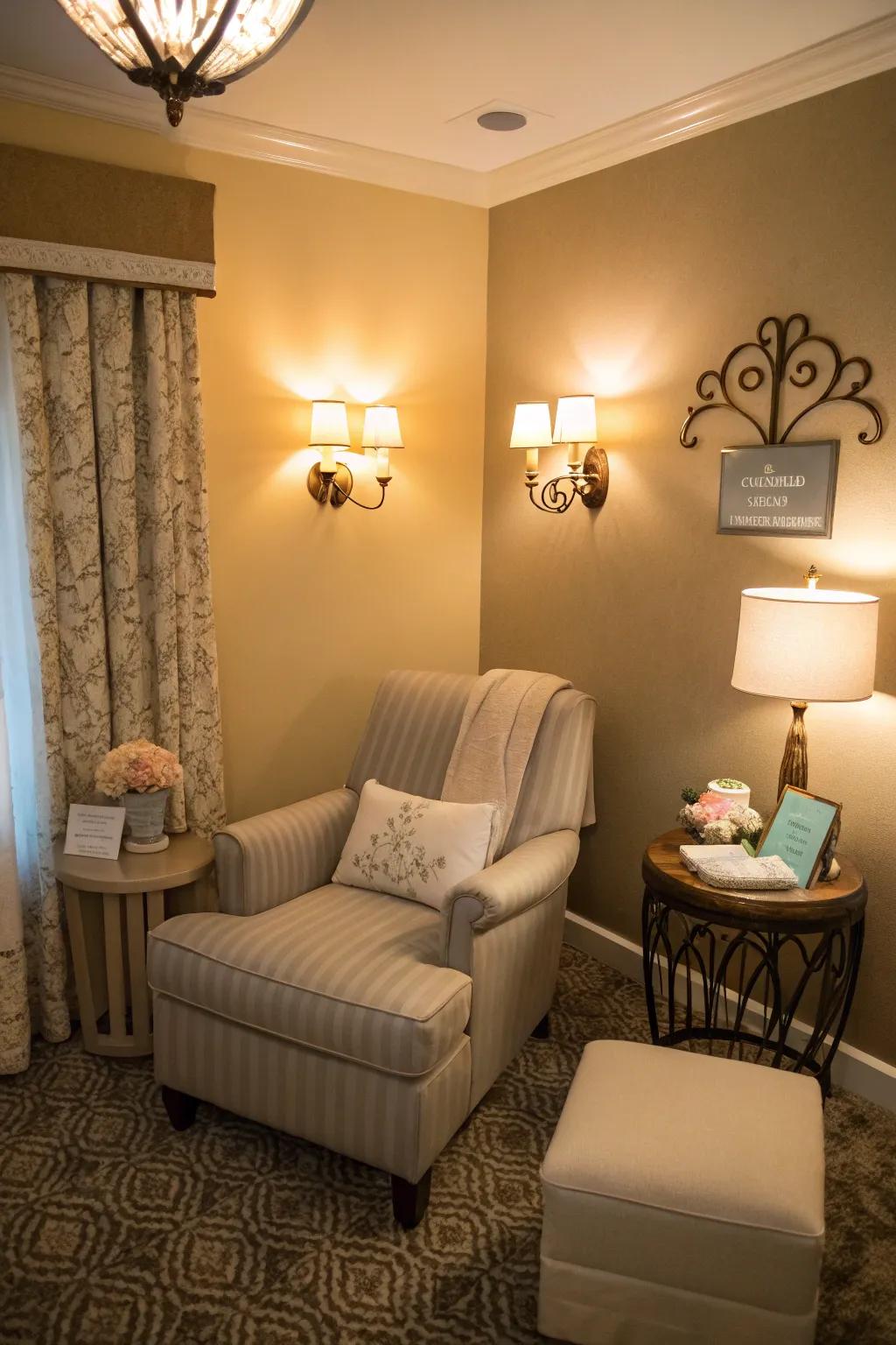 Soft illumination enriches the tranquil ambiance of a nursing suite.