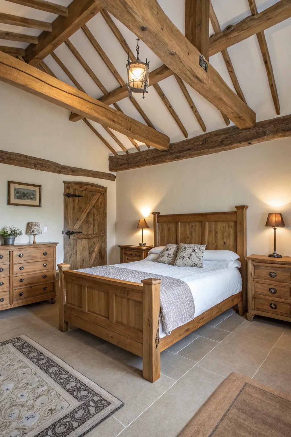 Timber features add warmth and rustic charm to the bedroom setting.