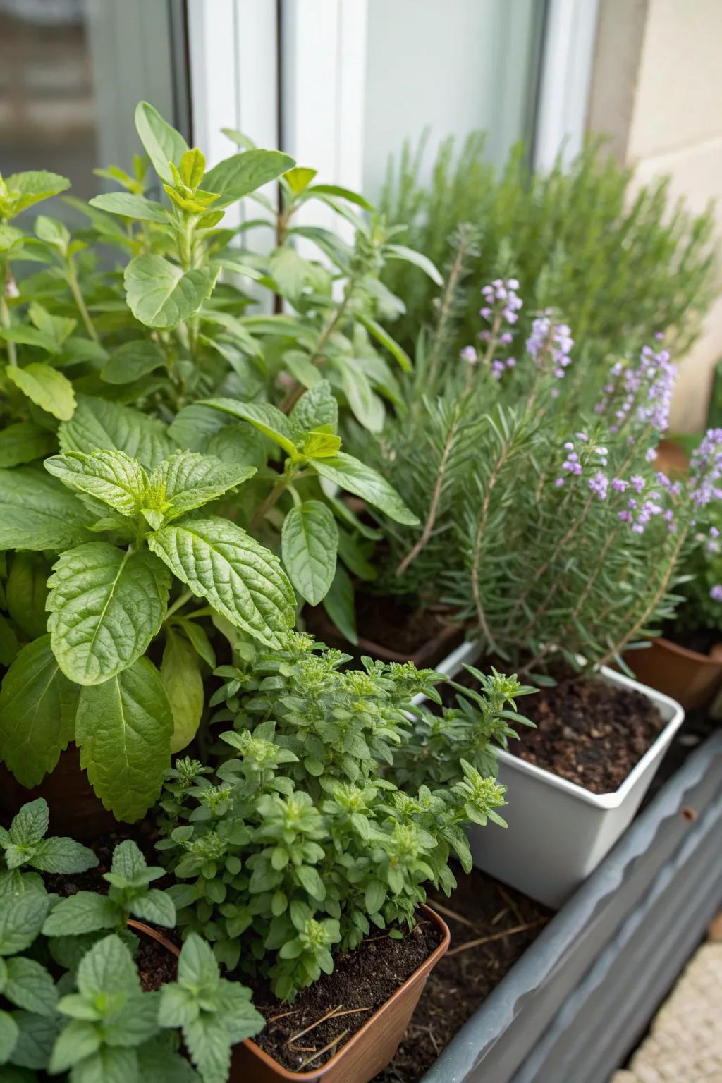 A miniature herb sanctuary serves as both a functional and fragrant enhancement.