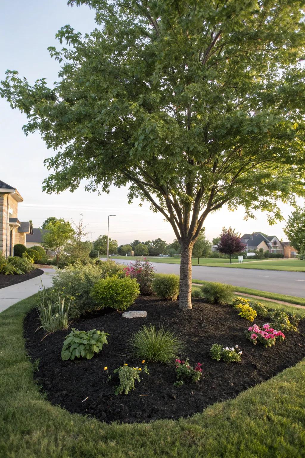 A tree showcased with a pristine layer of mulch and flourishing ground cover plants.