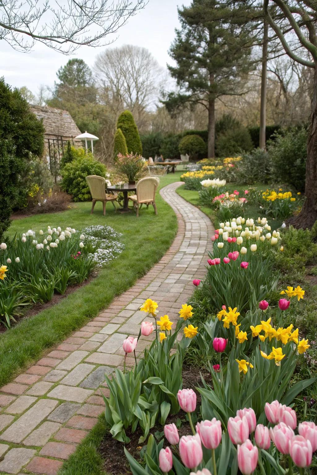 Tulips and daffodils incorporating structure and hue to a garden trail.