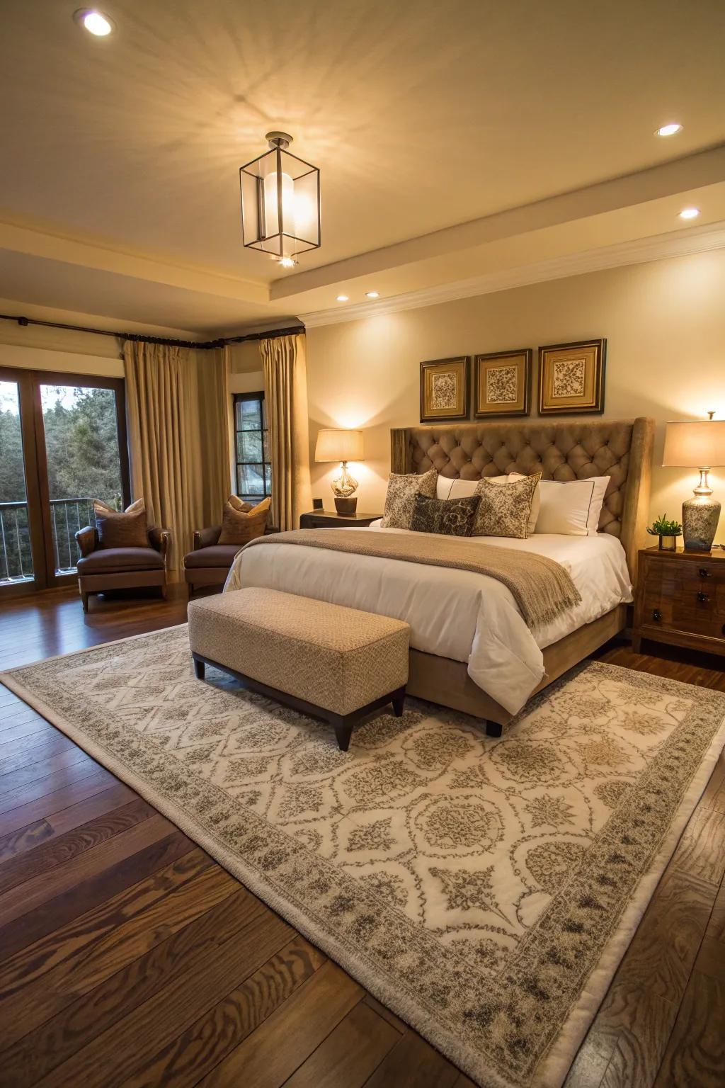 Rugs delineate specified zones, instilling comfort and design into an expansive bedroom.