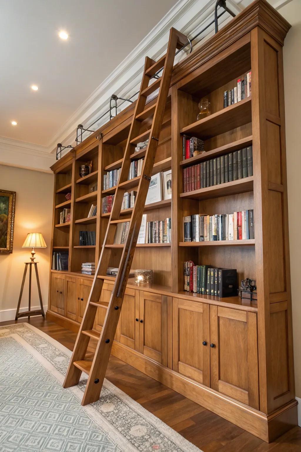 A library ladder imparts sophistication and accessibility to this majestic bookshelf.