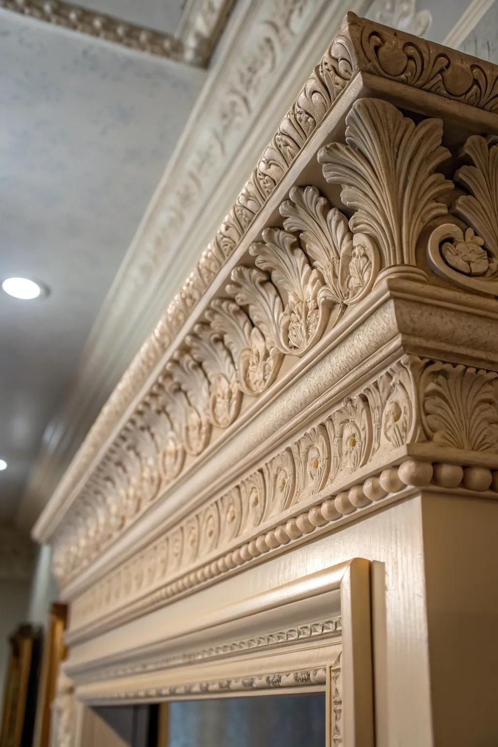 An intimate perspective of elaborate, expansive crown molding, underscoring its consummate artistry.