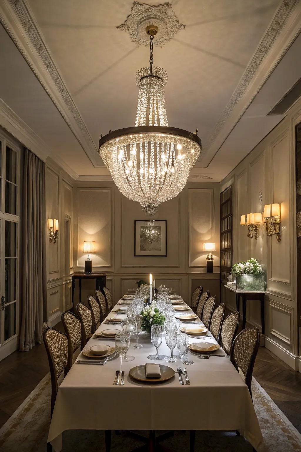 Decorative lighting that enhances sophistication and warmth within the dining space.