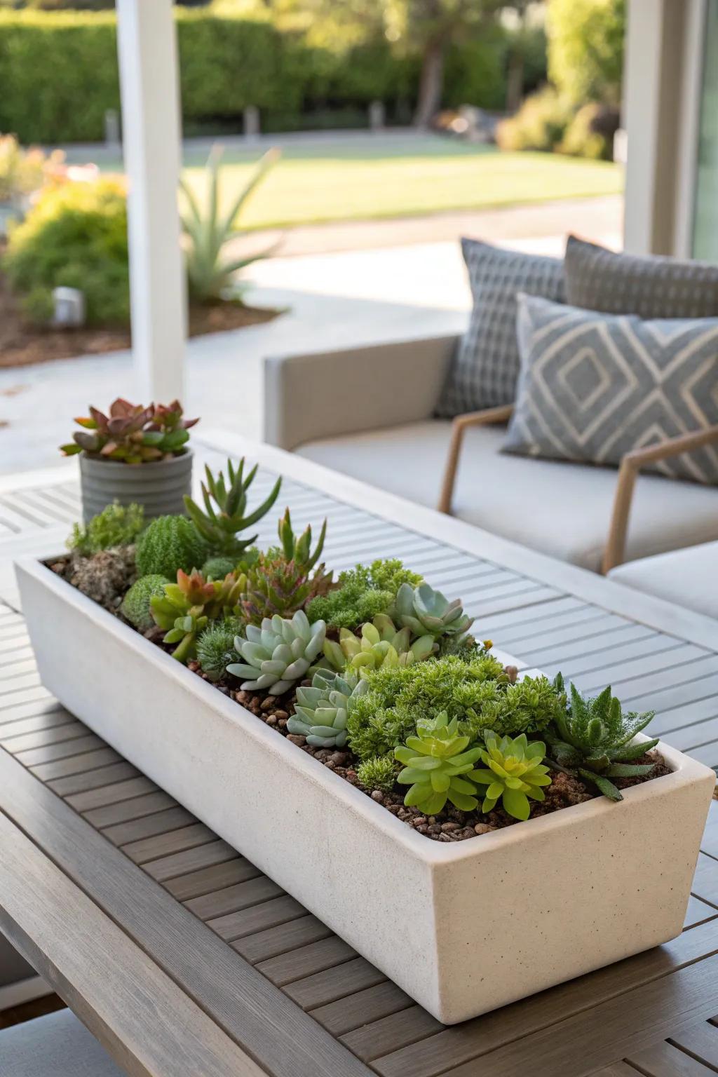 A modern container display featuring a streamlined succulent arrangement.