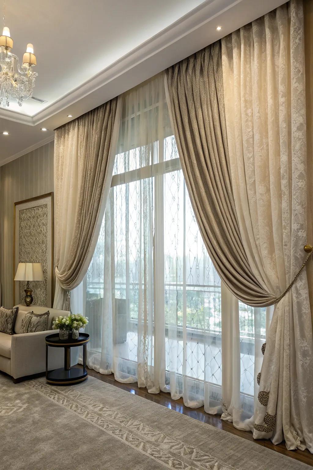 Layered curtains offer both style and practicality.