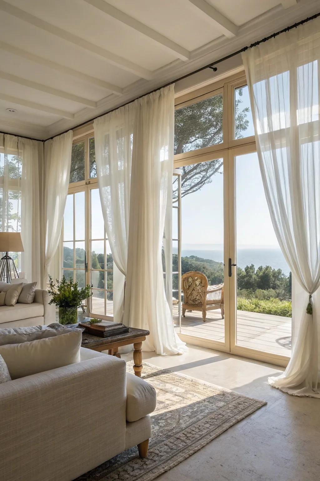 Sheer drapes create a bright and airy space.