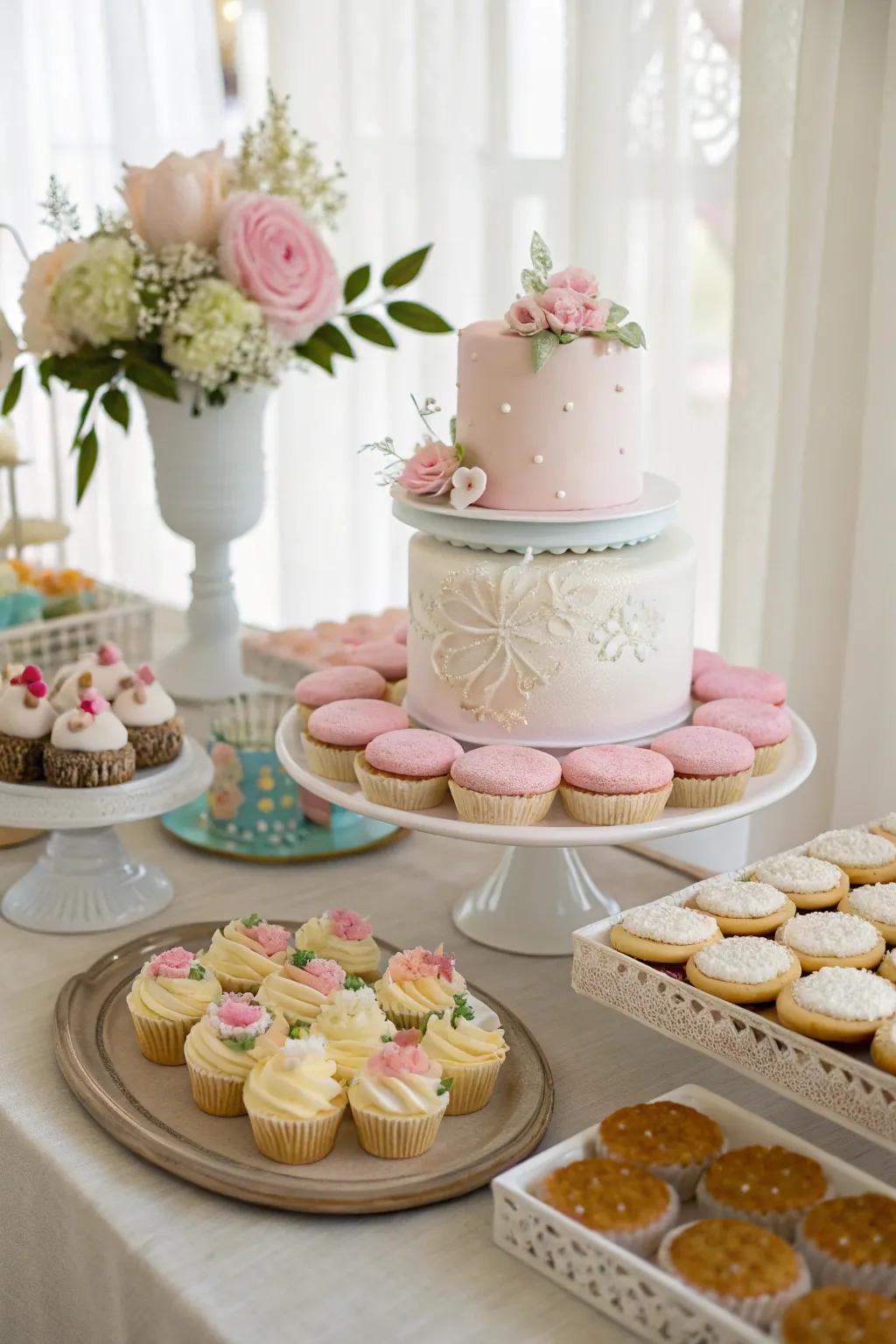 An attractive dessert station with beautifully adorned cupcakes and cookies.