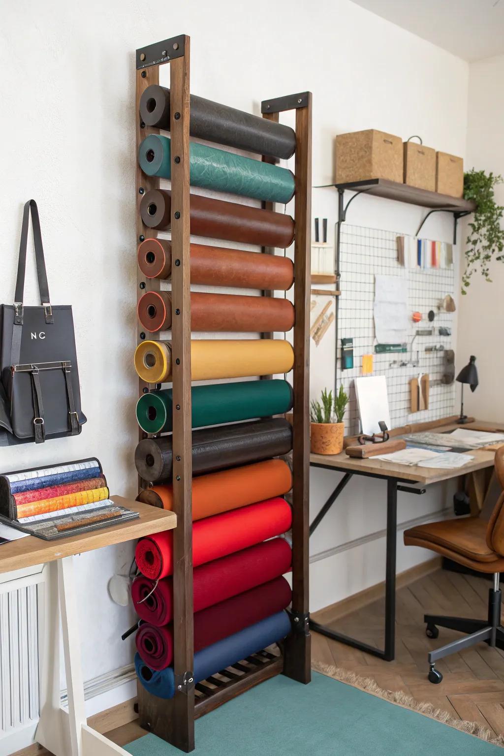 Employ upright supports to keep leather rolls arranged neatly and within easy reach.