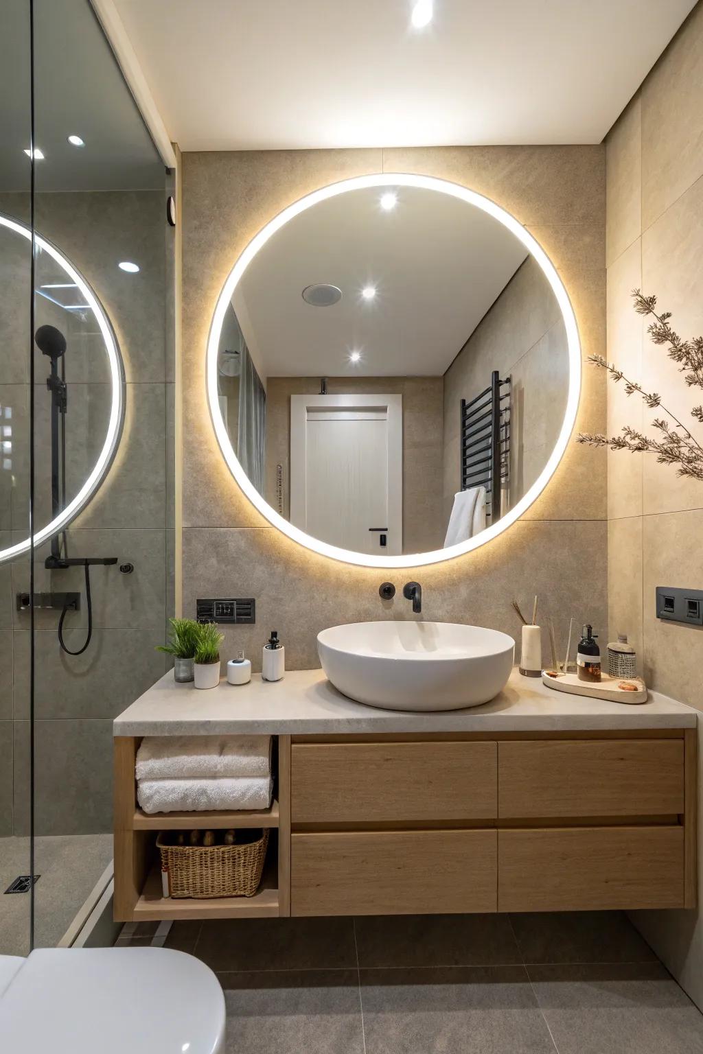 A round LED mirror provides a sense of harmony in the bathroom.