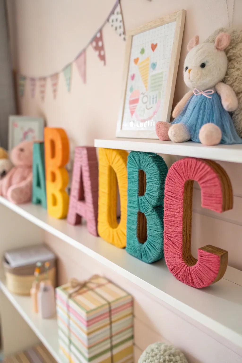 Yarn-wrapped letters adding a cozy touch to a nursery.