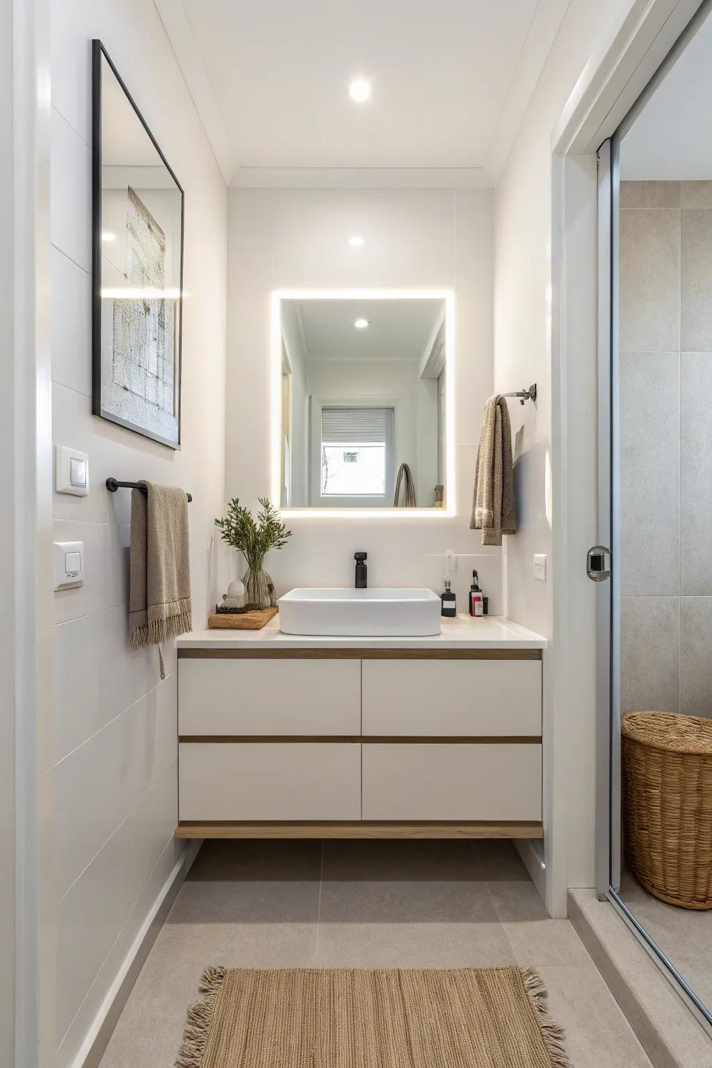 A floating vanity adds modern refinement to a small bathroom.