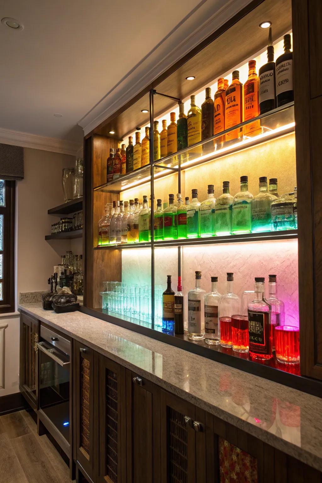 Heighten the drama with backlit liquor shelves.