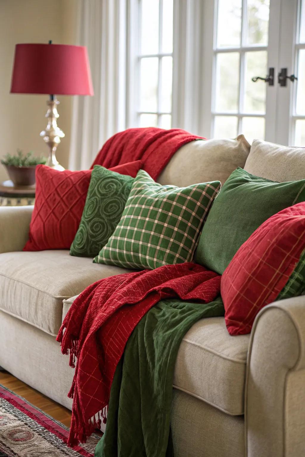 Cozy textiles in festive colors create a warm and inviting atmosphere.