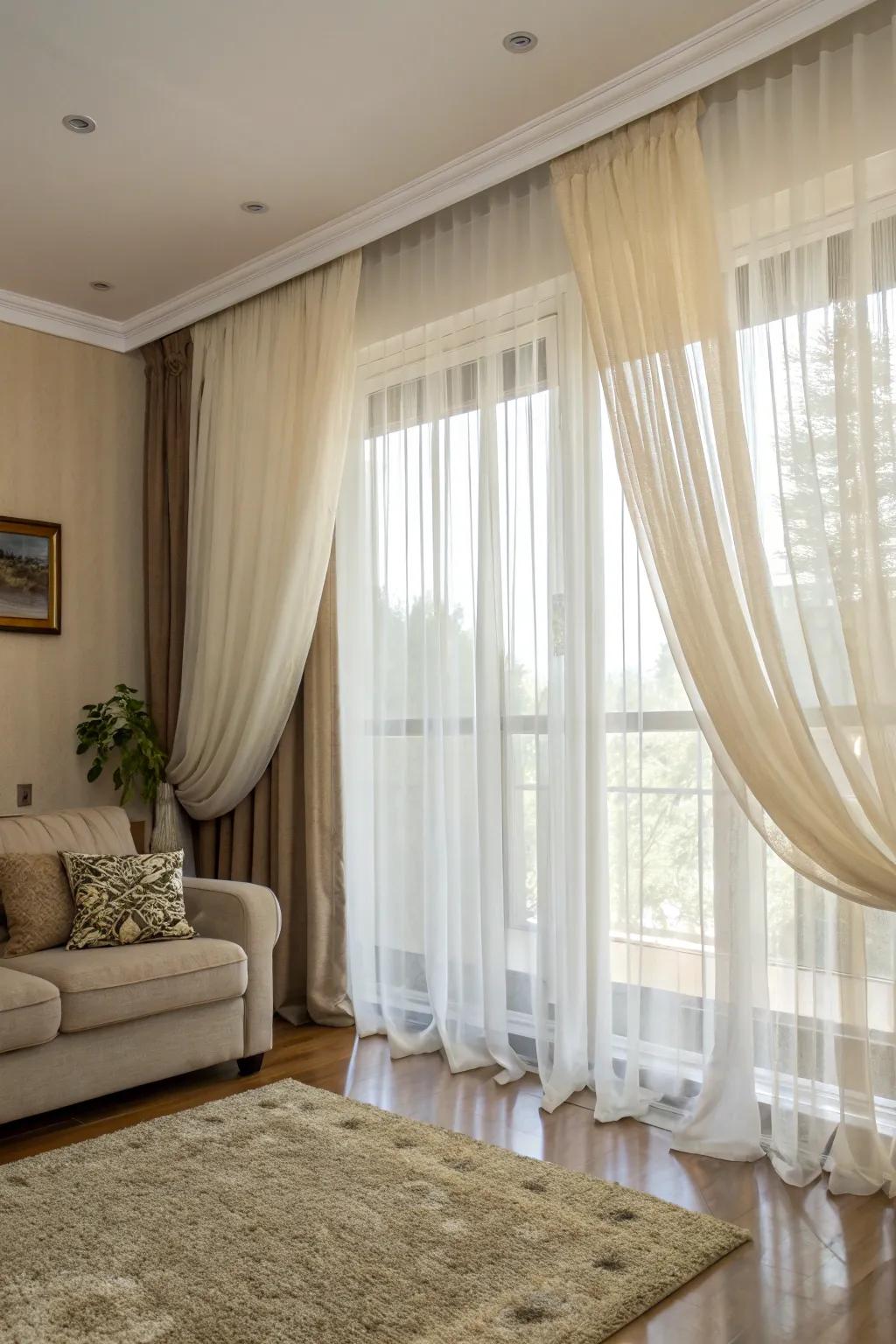 Attain flexible lighting solutions through the layering of see-through and impenetrable window coverings.