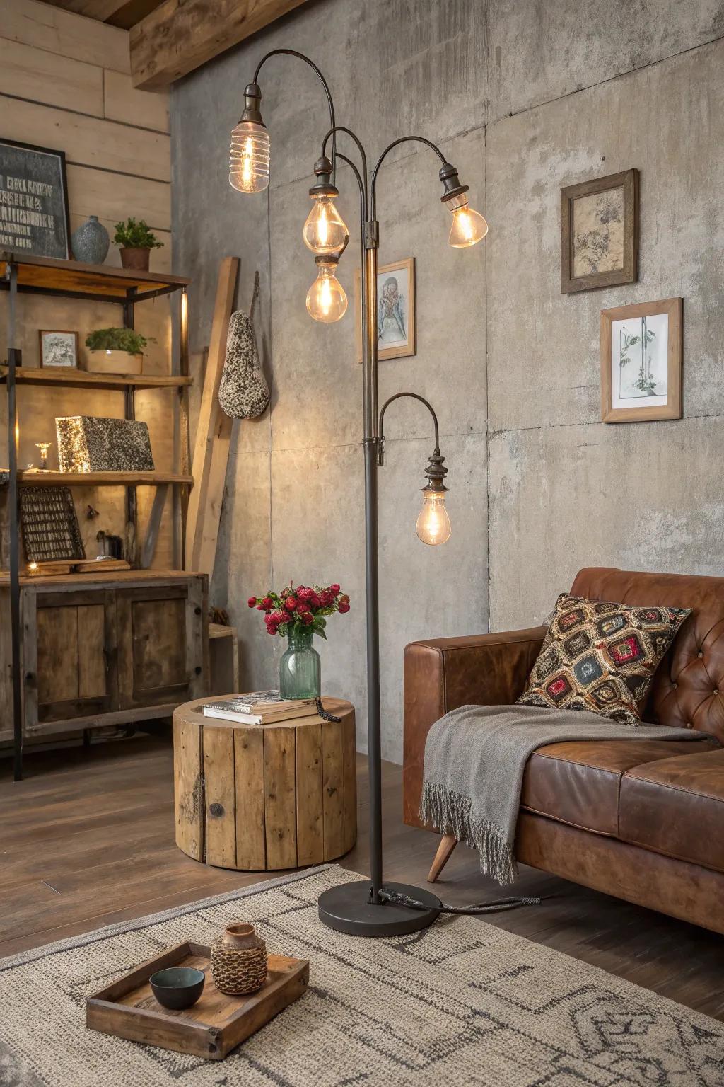 An industrial-style family room featuring a distinctive metallic floor lamp.