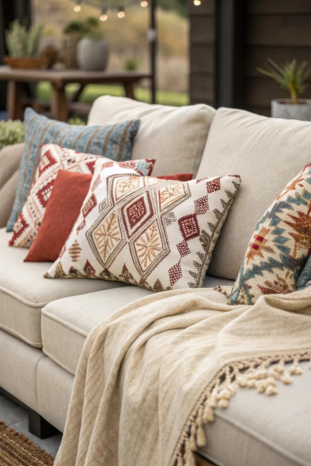 Layered textiles transform a sectional into an inviting cozy haven.