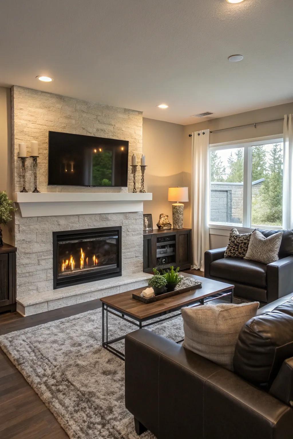 A harmonious focal arrangement living space showcasing both a hearth and panel screen.