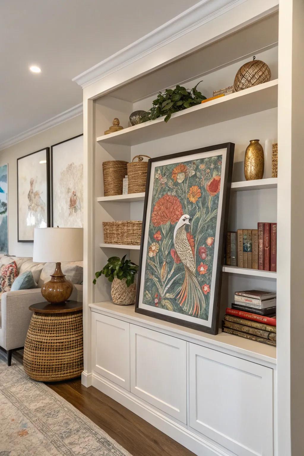 A striking artistic piece imparts character to the shelving.
