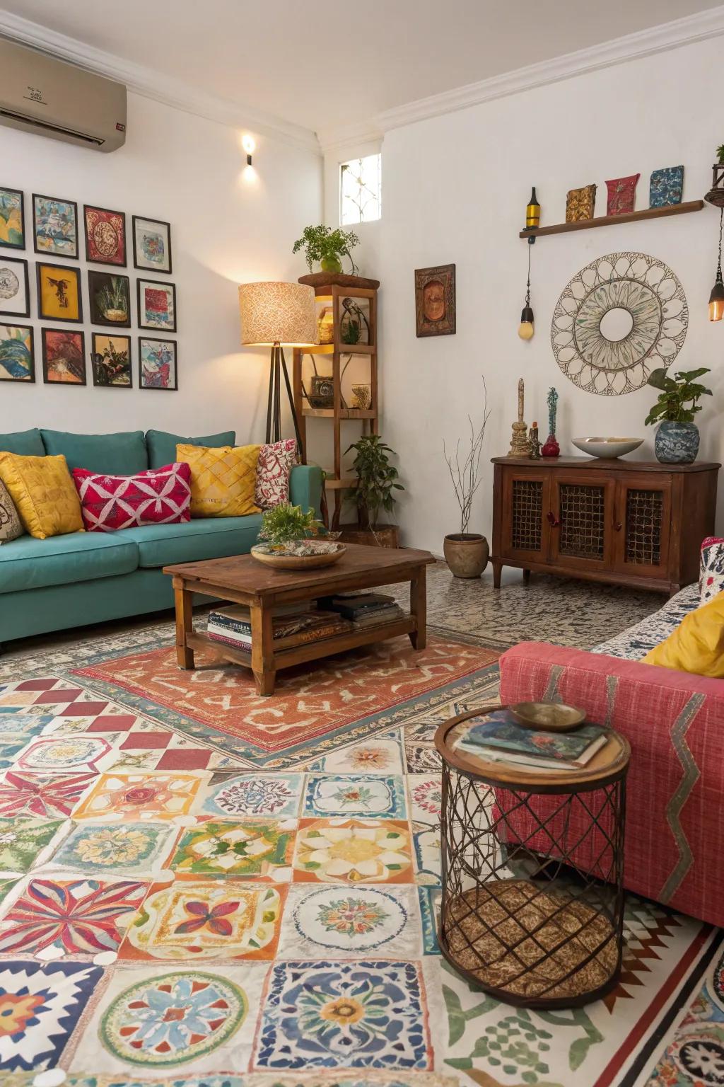 Dynamic lounge highlighting striking ornamental tiles.