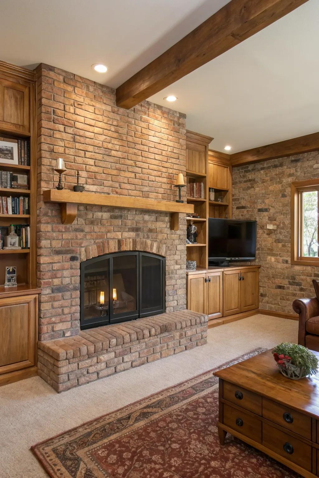 A cozy living room emphasizing a classic brick fireplace, elevated by tasteful wooden accents.