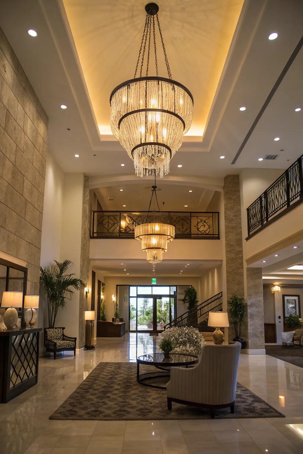 A lobby illuminated by an artful pendant fixture